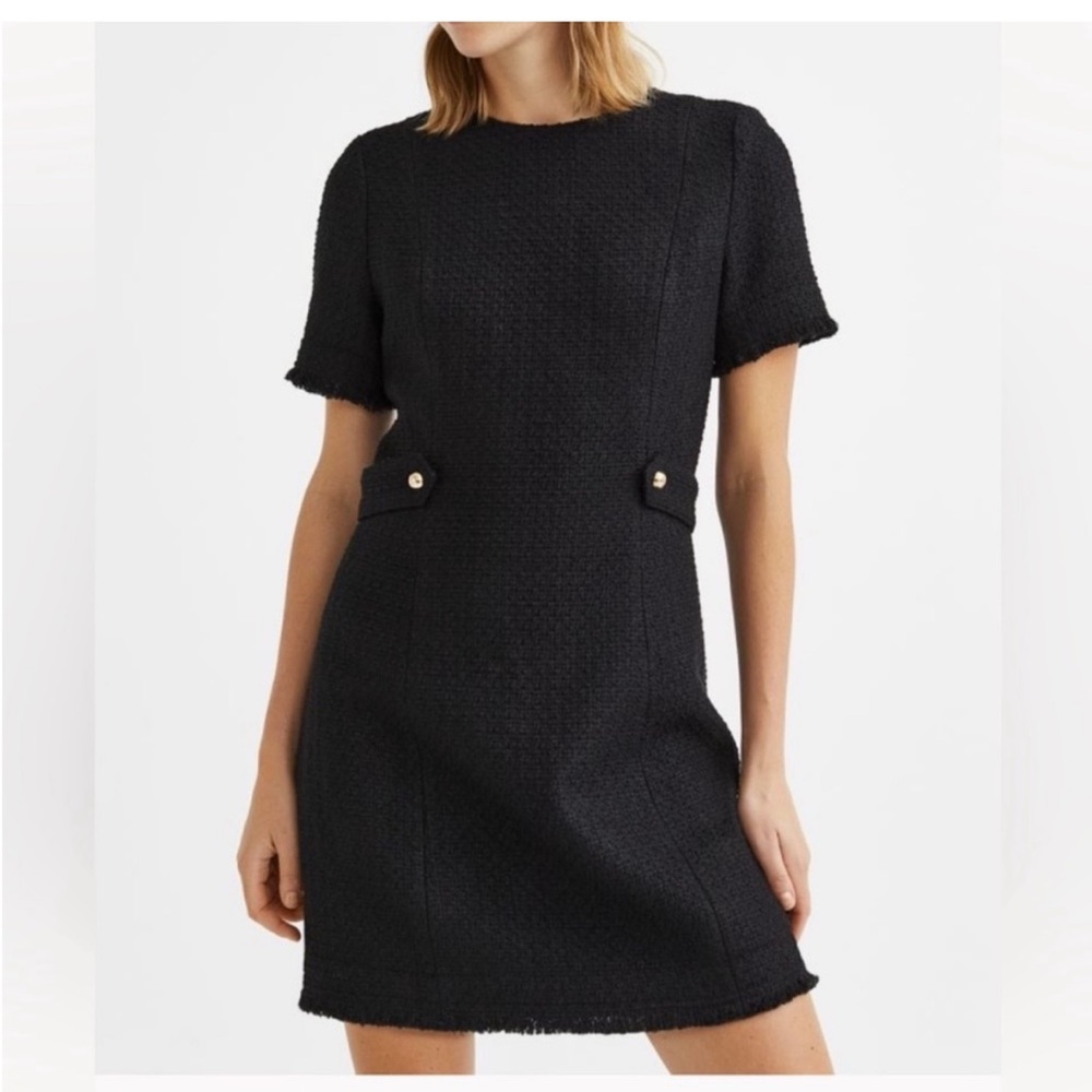 H&M Boucle Black Mini Dress Slim Fit A-Line Wool Blend  Short Sleeve Lined
